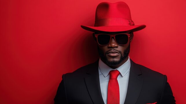 A dapper man exudes confidence in a bright red hat and stylish suit, showcasing bold fashion choice that embodies sophistication and charisma against a solid background.