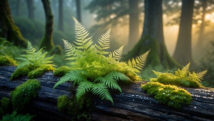 Fern growing on log in forest