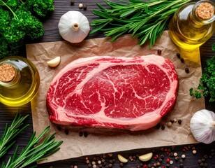 Raw Marbled Steak &ndash; Butcher&rsquo;s Table Top View