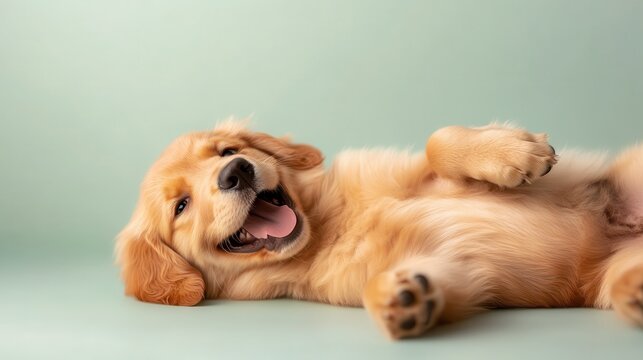 An adorable golden retriever puppy playfully posing on a soft green background, showcasing cuteness and warmth that resonates with pet lovers and animal enthusiasts.