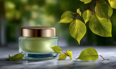 Jar of cream with gold lid rests on stone, fresh leaves surround for natural skincare