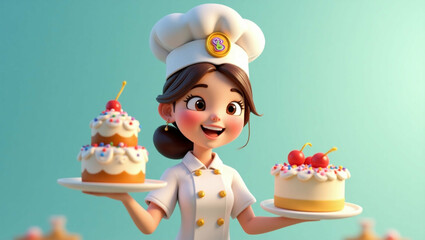Charming pastry chef presents delectable 3D rendered sweet cakes with cheerful smile