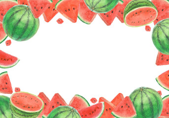 水彩絵の具で描いたスイカの背景イラスト