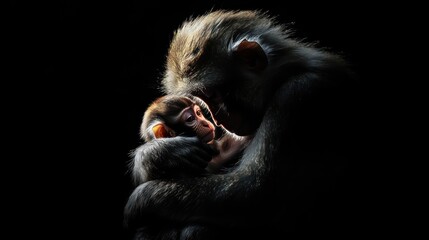 Obraz premium Monkey mother cradling baby, dark background, wildlife conservation