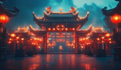 Obraz premium Stunning illuminated Asian temple at night with vibrant lanterns and dramatic cloudy sky, a mesmerizing cultural scene