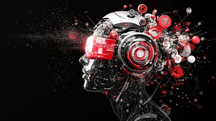 Futuristic cyborg with glowing visor, intricate circuitry, and vibrant red accents