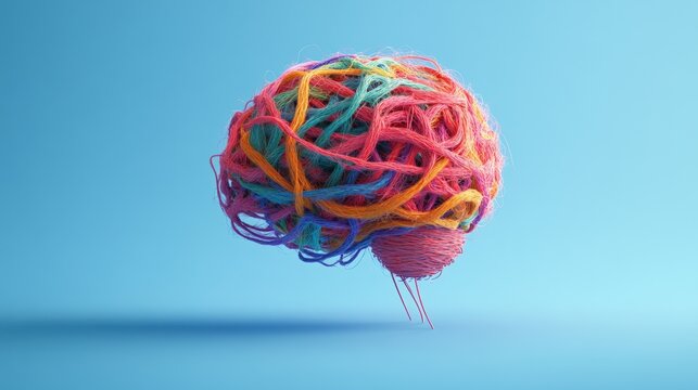 Colorful yarn ball shaped like a brain made from multicolored threads, representing creativity, craftsmanship, knitting, and artistic fiber work on a bright blue background