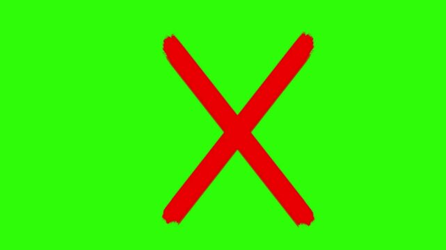 Red cross mark animation green background, Wrong Symbol in Motion graphic, Red X letter, crossed lines, denial concept, incorrect cross symbol, Prohibition. Error 4k loop animation