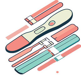 Stylized vector illustration showcasing a pregnancy test and its disassembled parts, depicted in pastel colors with bold outlines