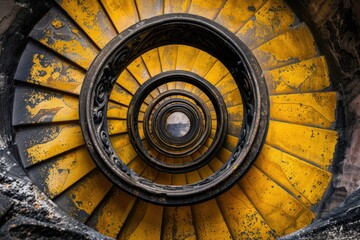 Naklejka premium Spiral staircase with yellow accents and intricate detailing.