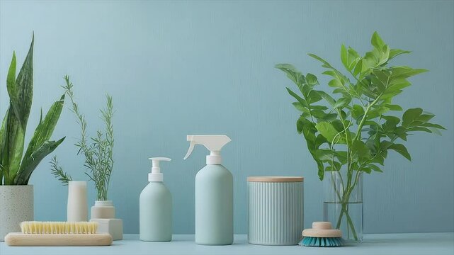 Pastel green cleaning supplies and plants