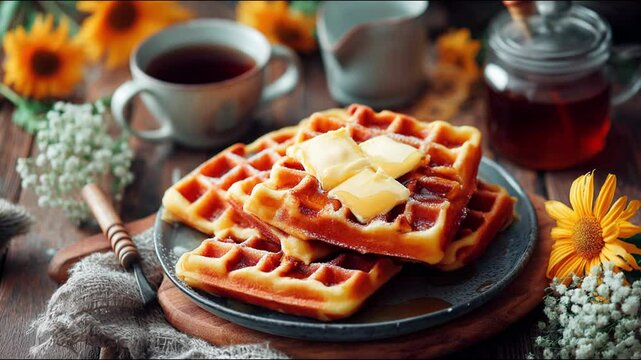 Delicious waffles with butter and honey and tea and flower decoration 