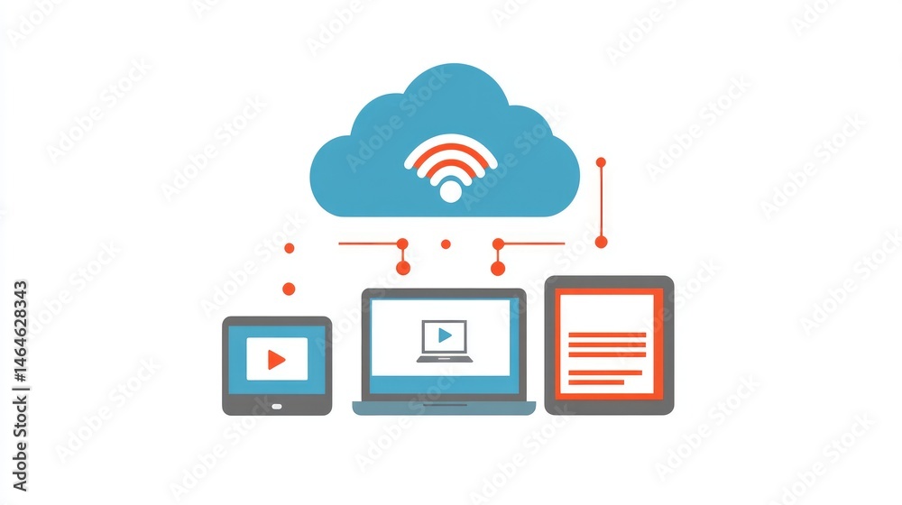 Poster abstract cloud icon hovering over connected devices, representing centralized cloud data access