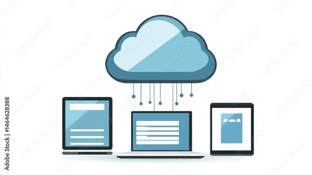 Poster abstract cloud icon hovering over connected devices, representing centralized cloud data access
