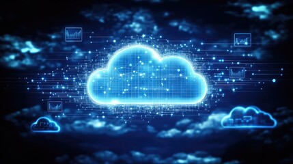 Abstract blue interface showing cloud data sync, analytics charts, and AI indicators
