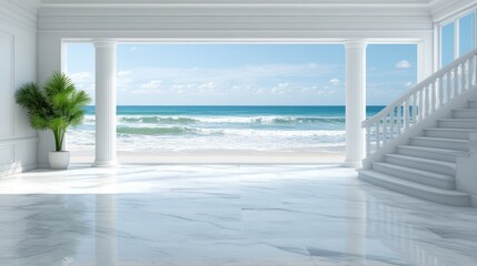 Spacious white interior with ocean vista.