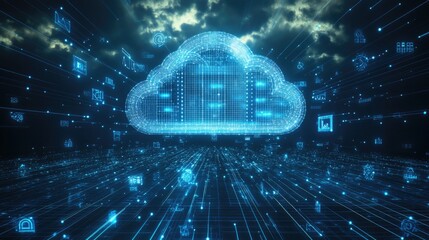 Abstract blue interface showing cloud data sync, analytics charts, and AI indicators