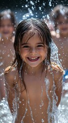 Obraz premium A joyful child playing in water, smiling brightly as droplets flow around her. A scene of innocence and happiness on a sunny day.