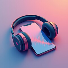 A smartphone with a waveform display is paired with wireless headphones on a pastel gradient surface, representing music and audio technology.