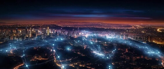 Modern city at night, glowing with countless lights across a sprawling urban landscape Blue digital network lines and nodes pulse and connect - Powered by Adobe