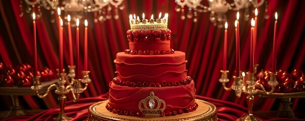 Obraz premium Garnet-Themed Three-Tier Birthday Cake with Crown and Red Draped Fondant 