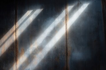 Fototapeta premium Interior space with sunlight casting long shadows on a weathered surface.
