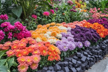 Vibrant flowerbed displays a spectrum of colors