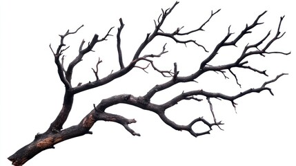 Gnarled tree branch dark brown texture isolated on white background nature illustration