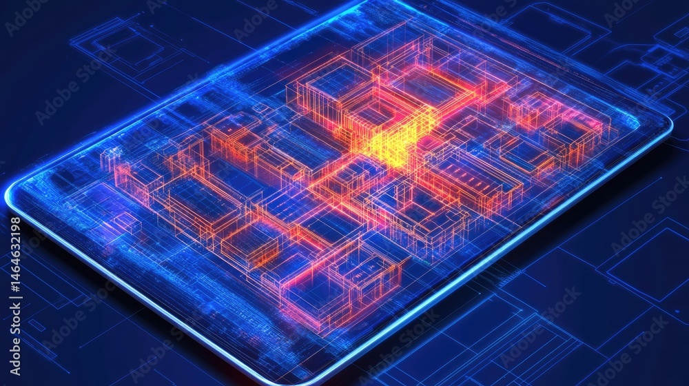 Poster cloud computing architecture diagram on digital tablet with multi-layered system map