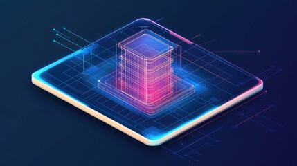 Cloud computing architecture diagram on digital tablet with multi-layered system map