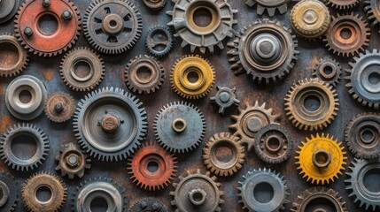 A collection of various aged metal gears arranged on a dark surface.