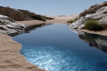 Obraz premium This image captures a serene desert oasis, featuring crystal clear water flowing through rocky canyons, surrounded by sand dunes and sparse green vegetation.
