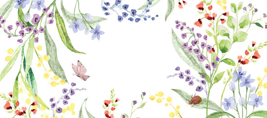 Fototapeta na wymiar Abstract spring floral art background vector illustration. Watercolor hand painted botanical flower, leaves, eucalyptus, wildflower, stalk, butterfly. Design for wallpaper, banner, card, wedding.