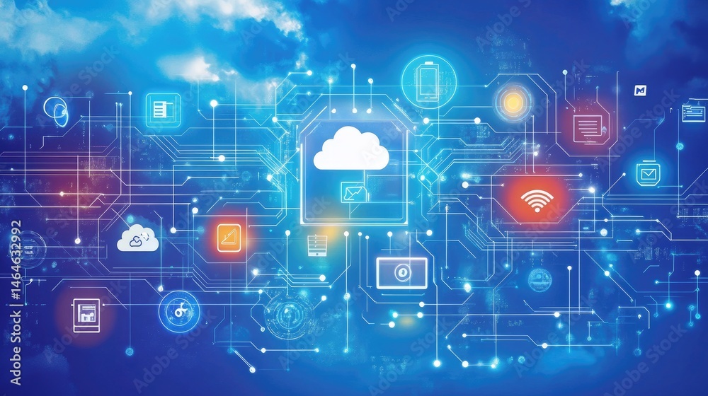 Poster computer chip with glowing circuit lines extending to digital icons for cloud, ai, and data