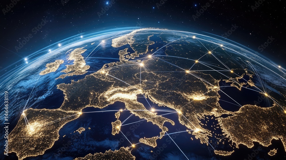 Poster conceptual image of cloud above globe with interconnected lines showing global cloud access