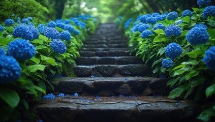 Blue hydrangeas line stone steps in a lush garden; peaceful scene