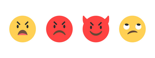 Angry emoji set, Mad face icons, Devil emoji symbols, Annoyed expression icons, Emotion face set, Emoji reactions, Rage emoji vector, Frustrated emoji collection, vector illustration.