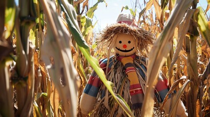 Scary Halloween autumnal scarecrow standing in a corn field, creating an eerie autumn atmosphere for the Halloween season.