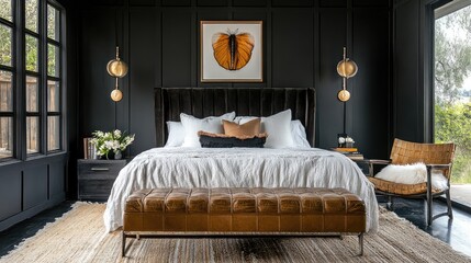 Designer bedroom suite with high-end finishes, statement lighting, and comfortable seating