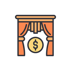 An illustrated design of a dollar coin centered on a presentation stage