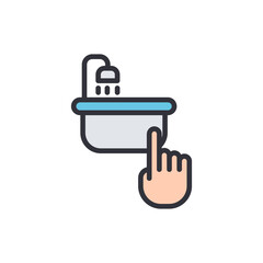 Pointer finger activating a bathtub faucet with flowing water isolated