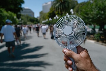 A hand holds a clear portable fan in a sun-drenched park, demonstrating how people adapt to warm weather while enjoying the vibrant outdoor atmosphere and social interactions.