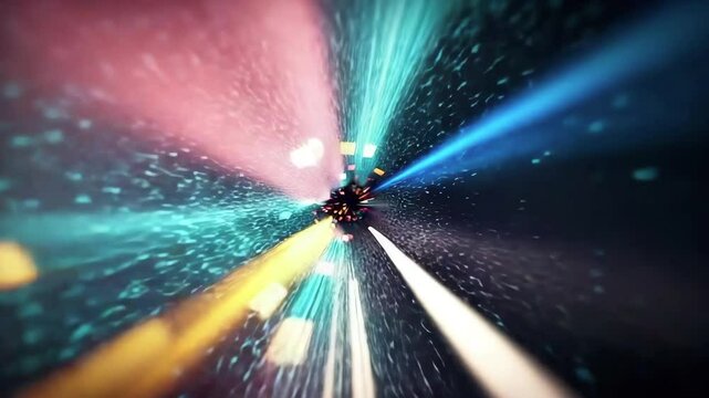 Cosmic hyperspace jump Start with a still image of vibrant light trails in blue, red, yellow, green, and purple exploding outward from a central point