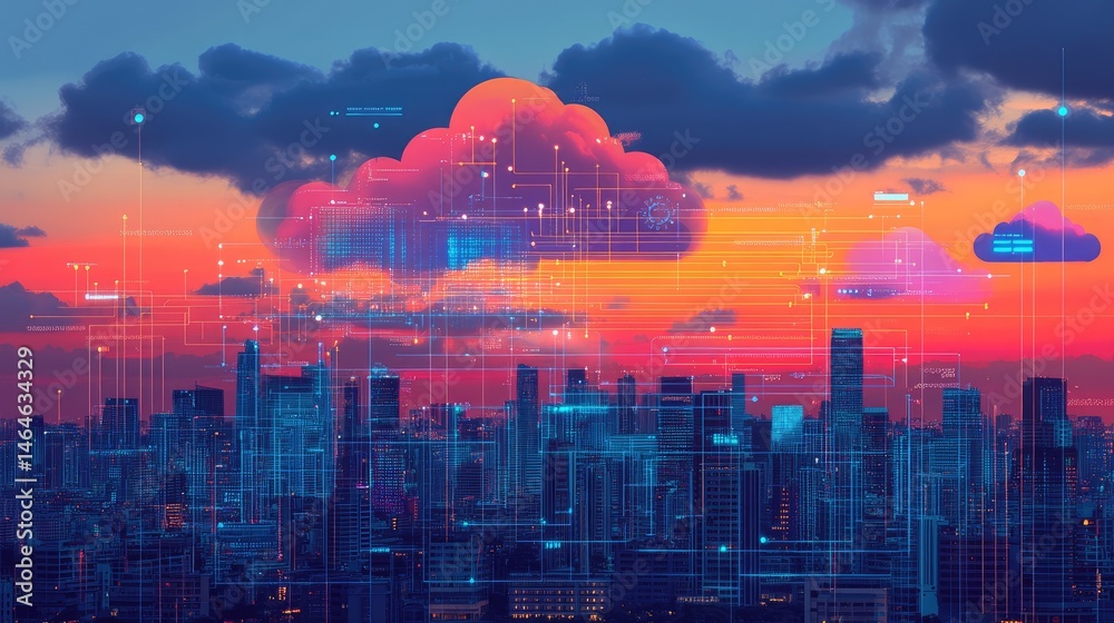 Poster digital gears and circuit lines blending into cloud and network graphics to symbolize smart business