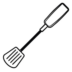 Black and white outlined spatula with horizontal slits provides simple kitchen utility