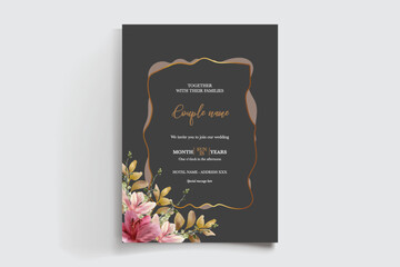 WEDDING INVITATION FRAME WITH FLOWER DECORATIONS AND FRESH LEAVES