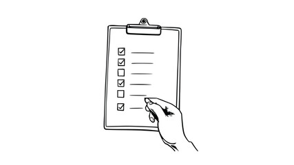 hand holding clipboard with checklist, oline art minimalist draw vector illustration