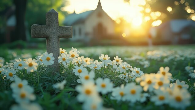 Sunset Cross with Flowers, Church, and Cemetery.
