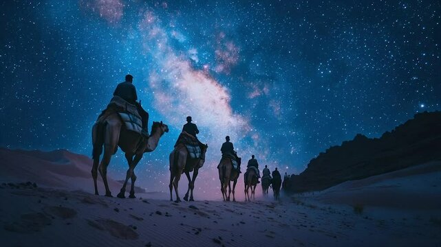 Camel caravan under a vibrant night sky.  Group of people on camels traversing a desert landscape at night,  with a spectacular view of the Milky Way