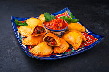 Traditional artisan Argentinian homemade empanadas with minced meat and salsa dip served as close-up on a rustic design plate